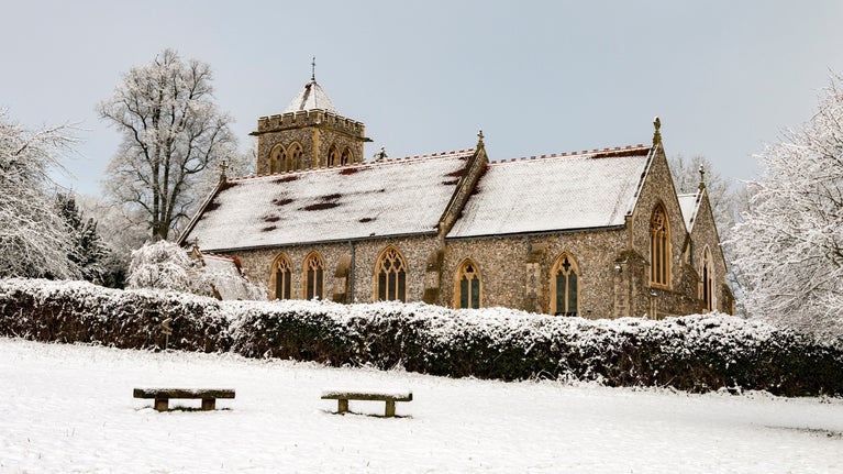 Church with snow on the roof